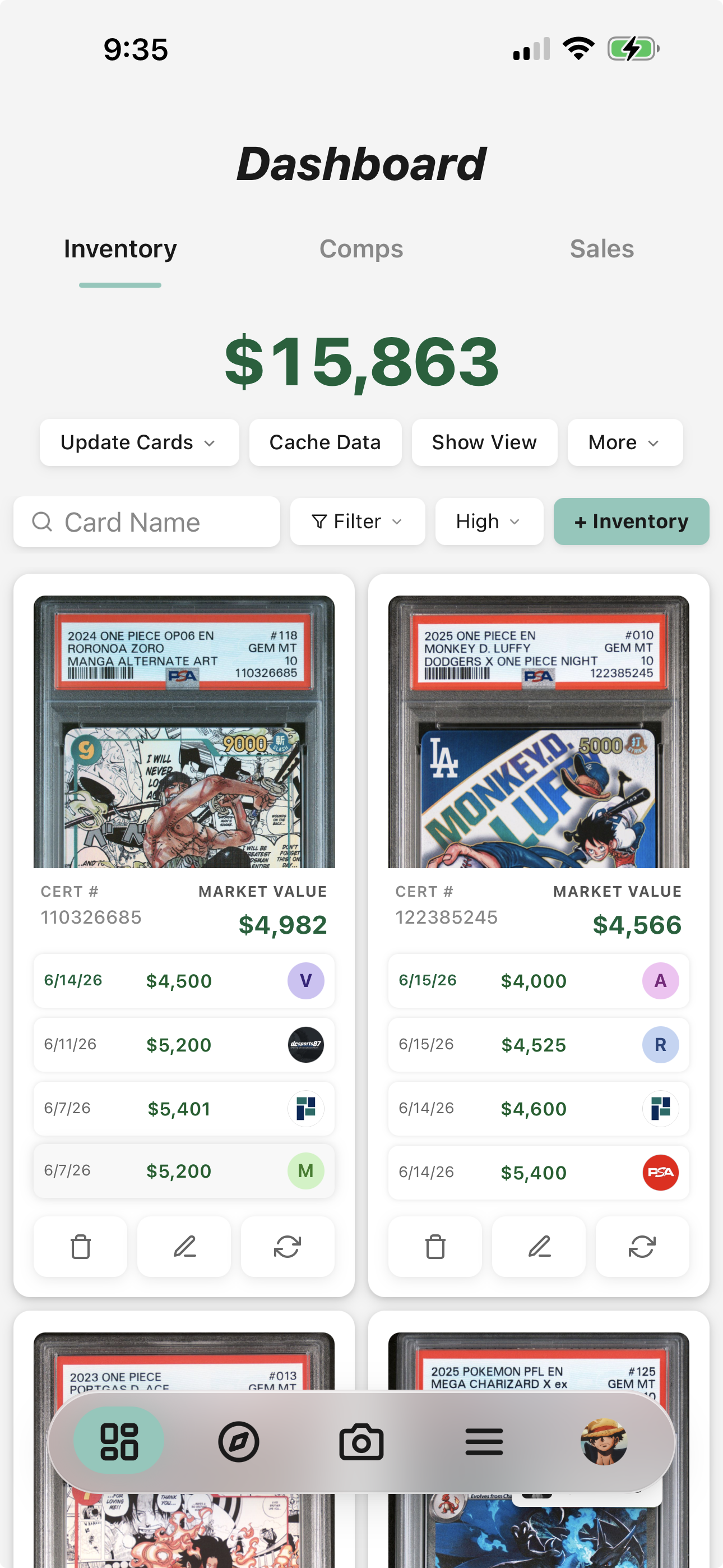 Vendy dashboard — inventory value $15,863 with live comps for graded One Piece cards