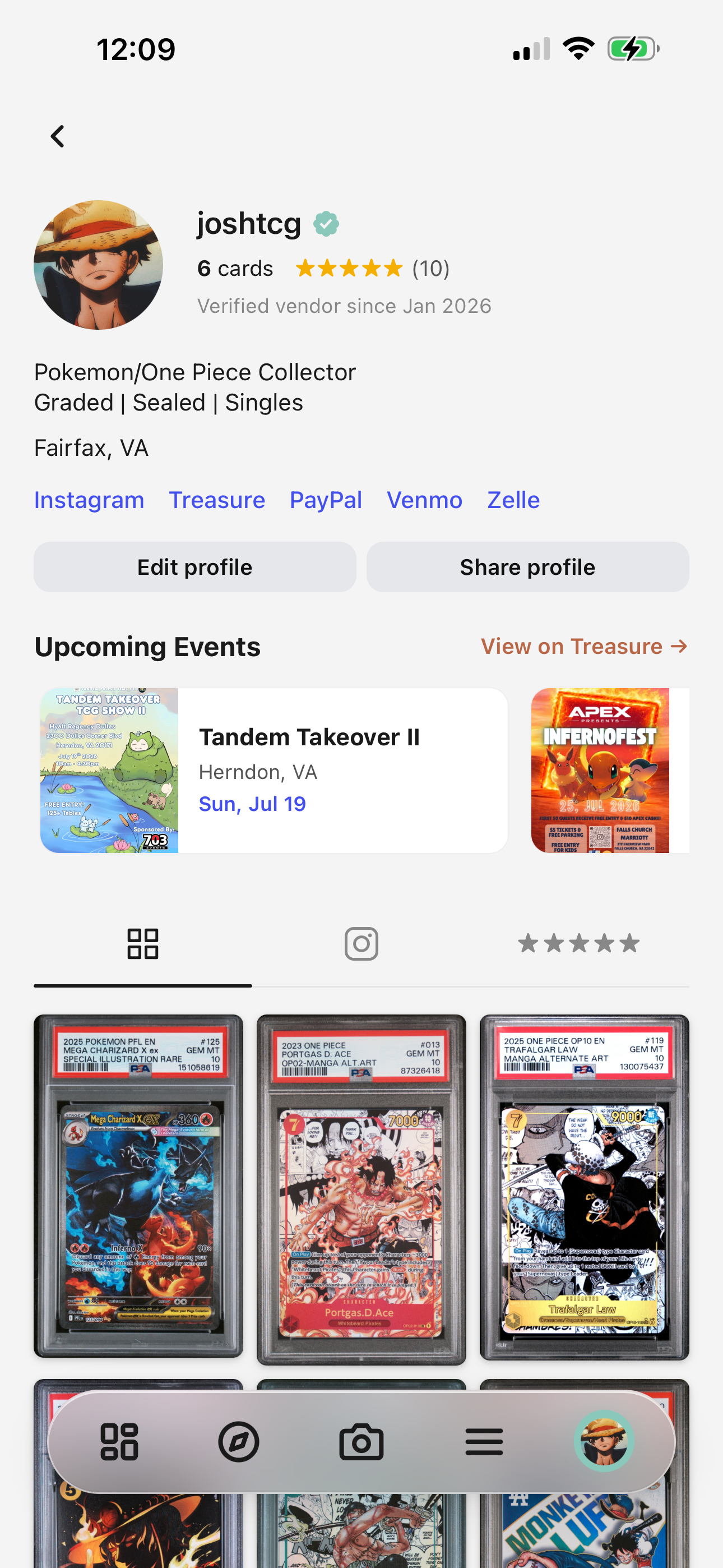 A Vendy vendor profile — verified badge, 5-star reviews, upcoming shows, and a showcase of graded cards