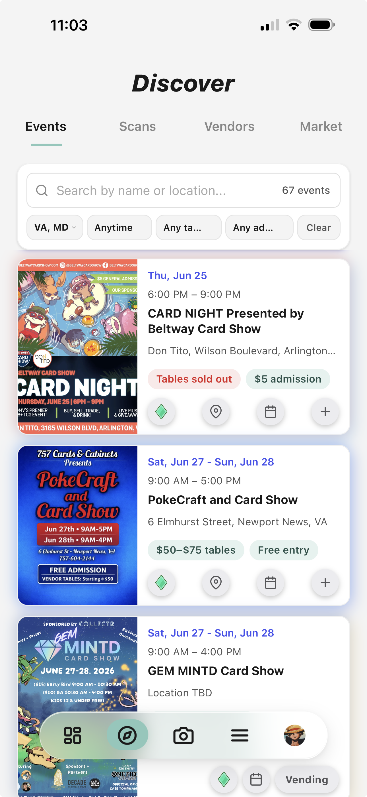 Vendy Discover — 67 card shows and events near you, filterable by location and date
